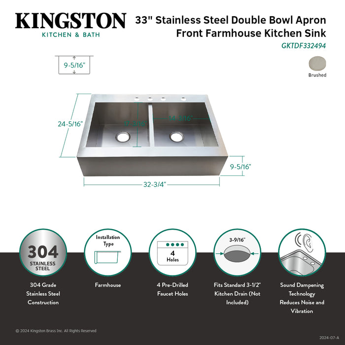 Kingston Sona GKTDF332494 - Edinburg 33-Inch Stainless Steel Apron-Front Double Bowl Farmhouse Kitchen Sink, Brushed