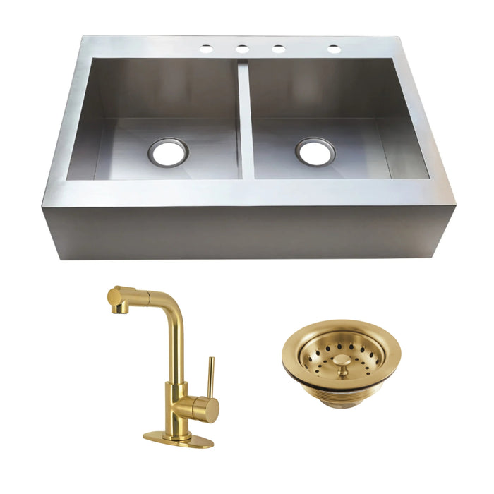 Edinburg 33-Inch Stainless Steel Double Bowl Farmhouse Kitchen Sink with Deck Mount Pull-Out Sprayer Bar Faucet and Basket Strainer, Brushed Brass