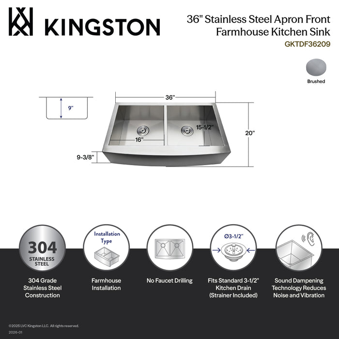Kingston Sona GKTDF36209 - Uptowne 36-Inch Stainless Steel Apron-Front Double Bowl Farmhouse Kitchen Sink with Strainers x 2, Brushed Stainless Steel