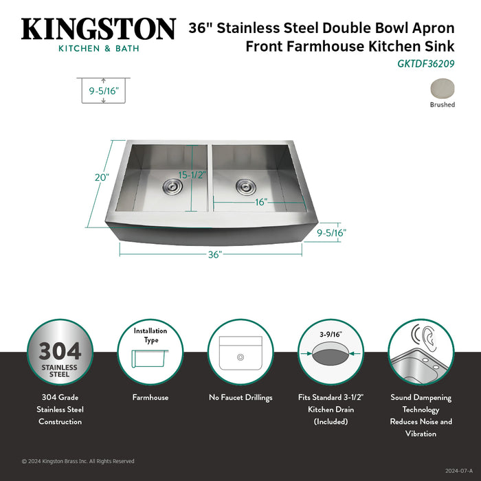 Uptowne GKTDF36209 36-Inch Stainless Steel Apron-Front Double Bowl Farmhouse Kitchen Sink with Strainers x 2, Brushed