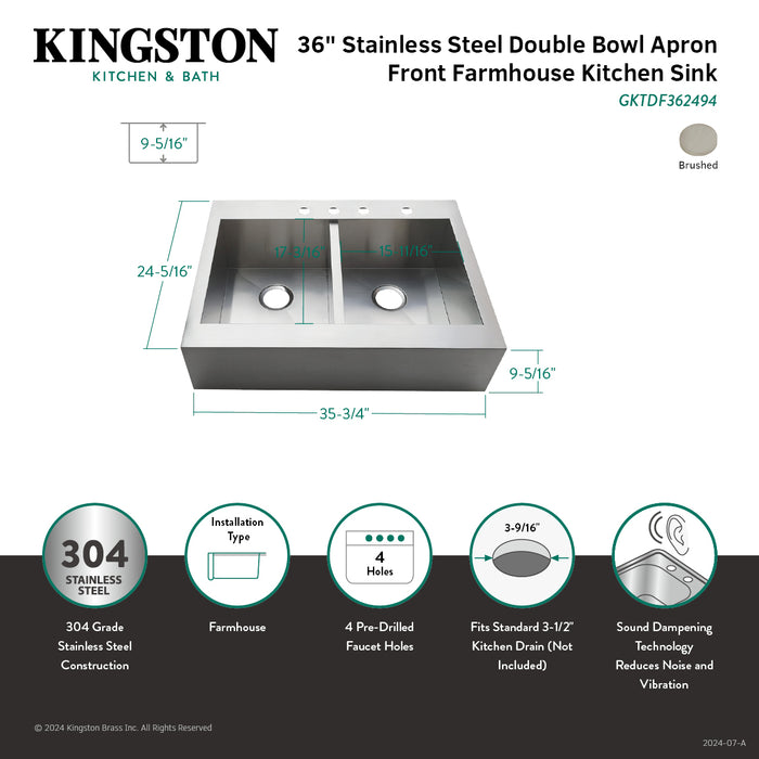 Kingston Sona GKTDF362494 - Edinburg 36-Inch Stainless Steel Apron-Front Double Bowl Farmhouse Kitchen Sink, Brushed