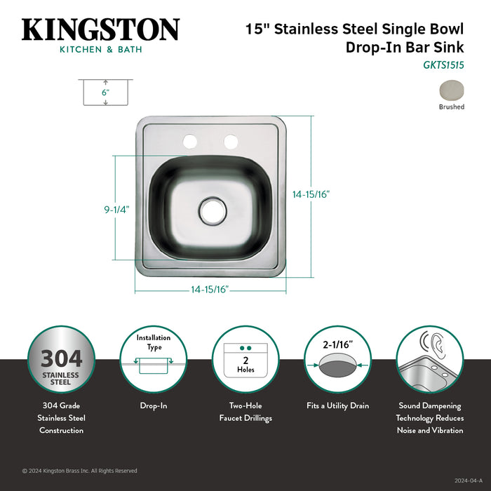 Kingston Studio GKTS1515 15-Inch Stainless Steel Self-Rimming Single Bowl Drop-In Bar Prep Sink (2-Hole), Brushed