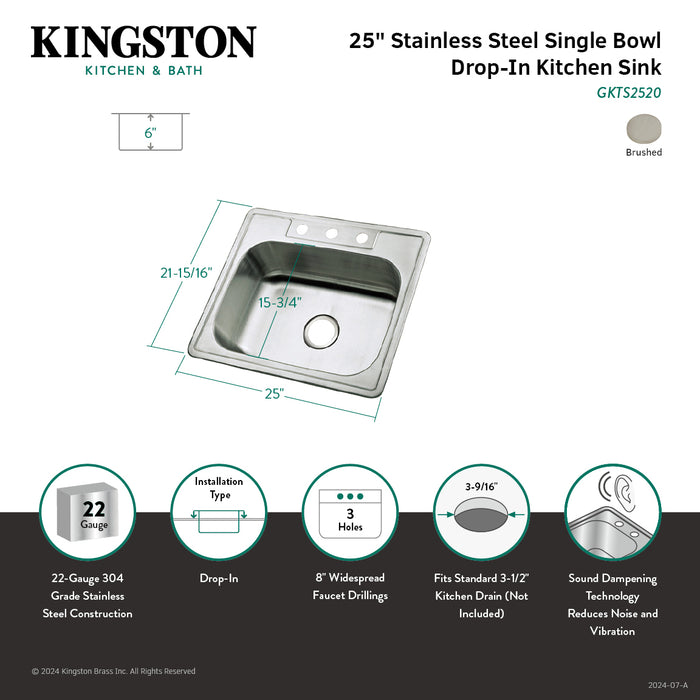 Kingston Studio GKTS2520 25-Inch Stainless Steel Self-Rimming Single Bowl Drop-In Kitchen Sink, Brushed Stainless Steel