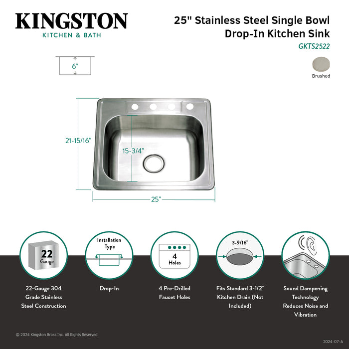 Kingston Studio GKTS2522 25-Inch Stainless Steel Self-Rimming Single Bowl Drop-In Kitchen Sink, Brushed