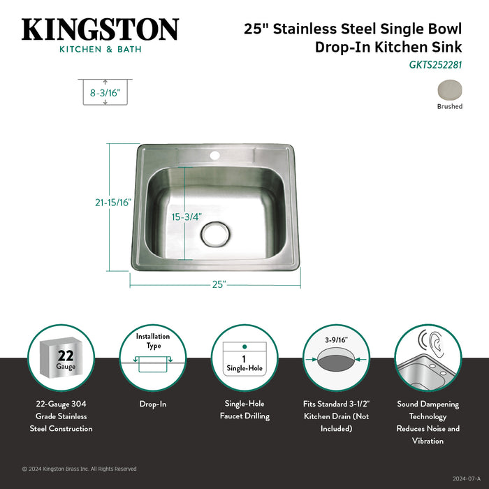 Kingston Studio GKTS252281 25-Inch Stainless Steel Self-Rimming Single Bowl Drop-In Kitchen Sink, Brushed Stainless Steel
