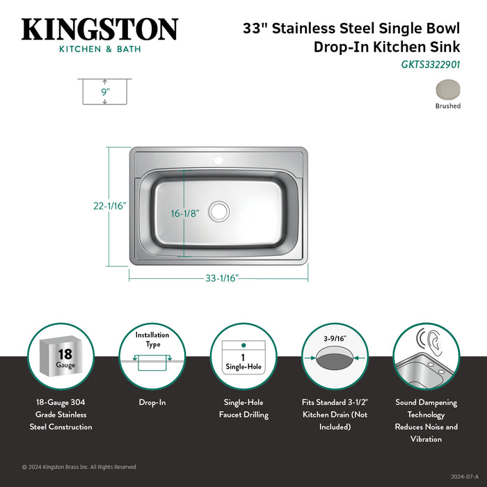 Kingston Studio GKTS3322901 33-Inch Stainless Steel Self-Rimming Single Bowl Drop-In Kitchen Sink, Brushed Stainless Steel
