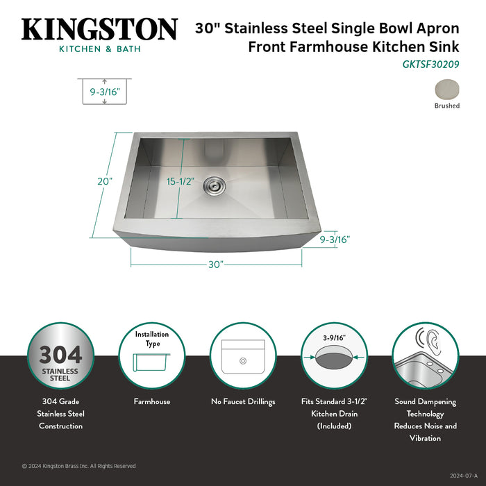Uptowne GKTSF30209 30-Inch Stainless Steel Apron-Front Single Bowl Farmhouse Kitchen Sink with Strainer, Brushed