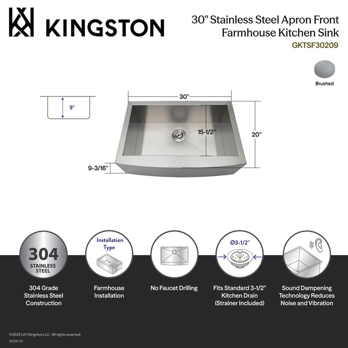 Kingston Sona GKTSF30209 - Uptowne 30-Inch Stainless Steel Apron-Front Single Bowl Farmhouse Kitchen Sink with Strainer, Brushed Stainless Steel