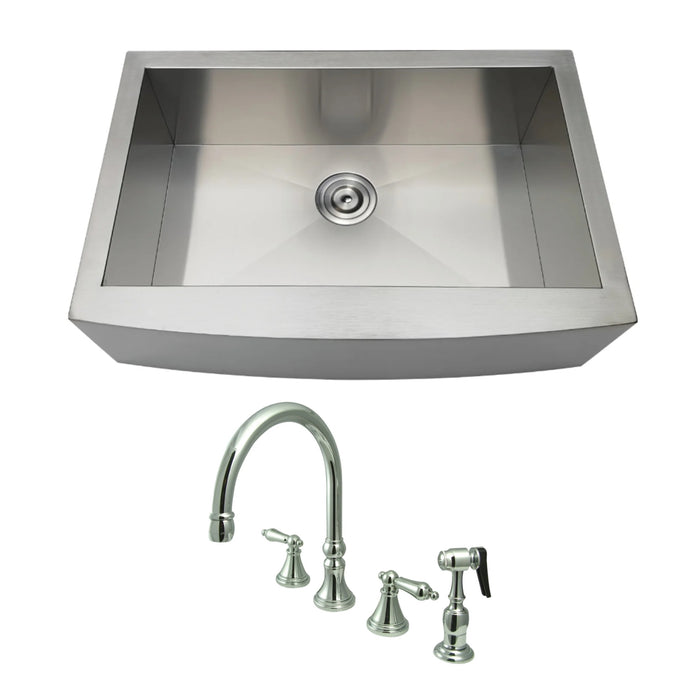 Uptowne 30-Inch Stainless Steel Single Bowl Farmhouse Kitchen Sink with Widespread Kitchen Faucet with Sprayer and Basket Strainer, Polished Chrome