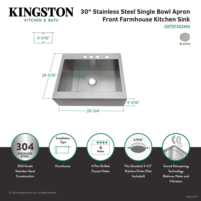 Kingston Sona GKTSF302494 - Edinburg 30-Inch Stainless Steel Apron-Front Single Bowl Farmhouse Kitchen Sink, Brushed Stainless Steel