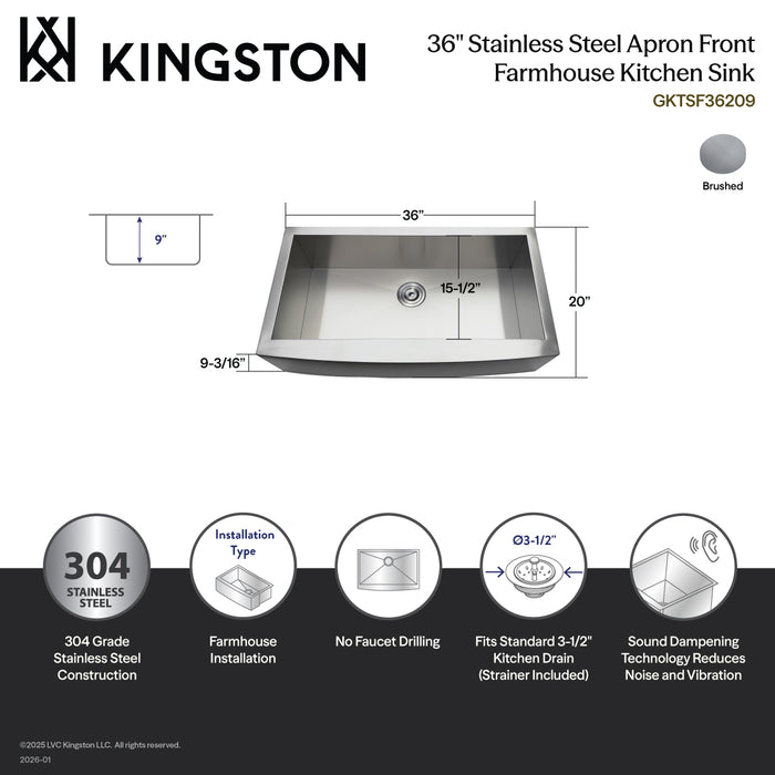 Kingston Sona GKTSF36209 - Uptowne 36-Inch Stainless Steel Apron-Front Single Bowl Farmhouse Kitchen Sink with Strainer, Brushed Stainless Steel