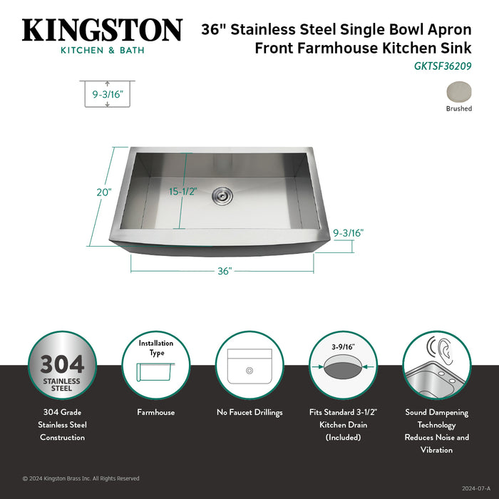Kingston Sona GKTSF36209 - Uptowne 36-Inch Stainless Steel Apron-Front Single Bowl Farmhouse Kitchen Sink with Strainer, Brushed