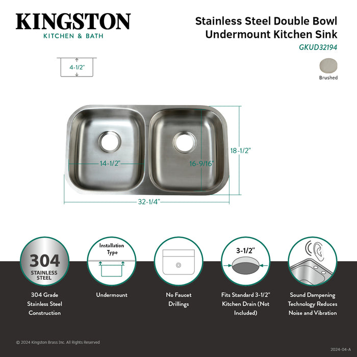 Kingston Loft GKUD32194 32-Inch Stainless Steel Double Bowl Undermount Kitchen Sink, Brushed Stainless Steel