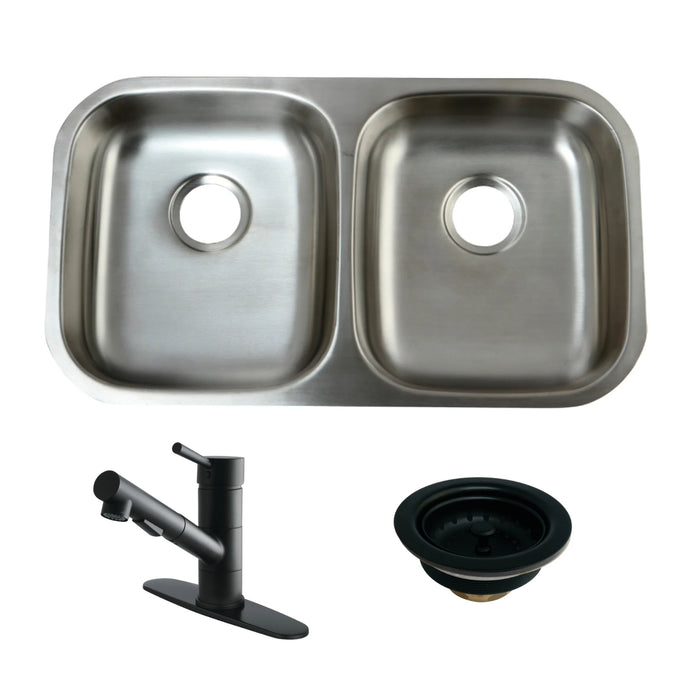 Loft 32-Inch Stainless Steel Undermount Double Bowl Kitchen Sink with Deck Mount Pull-Out Sprayer Kitchen Faucet and Basket Strainer, Matte Black