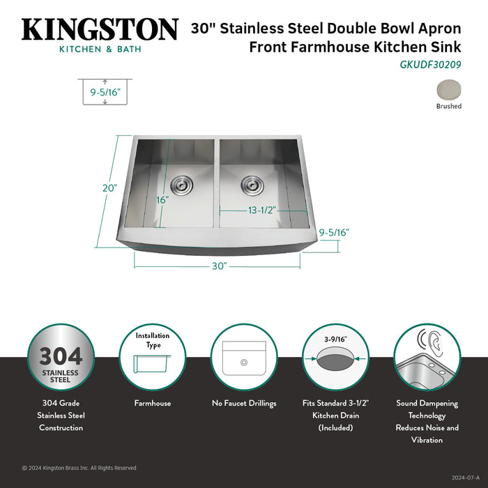 Uptowne GKUDF30209 30-Inch Stainless Steel Apron-Front Double Bowl Farmhouse Kitchen Sink with Strainers x 2, Brushed