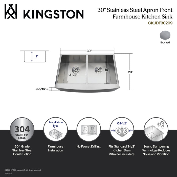 Kingston Sona GKUDF30209 - Uptowne 30-Inch Stainless Steel Apron-Front Double Bowl Farmhouse Kitchen Sink with Strainers x 2, Brushed Stainless Steel