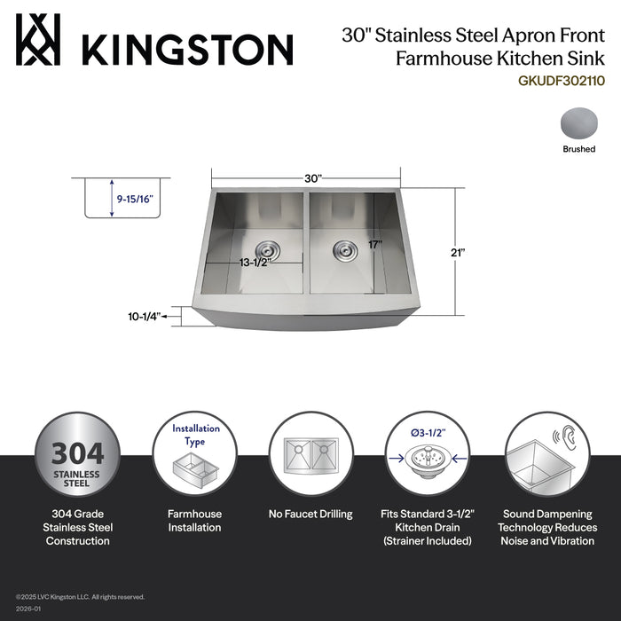 Kingston Sona GKUDF302110 - Uptowne 30-Inch Stainless Steel Apron-Front Double Bowl Farmhouse Kitchen Sink with Strainers x 2, Brushed Stainless Steel