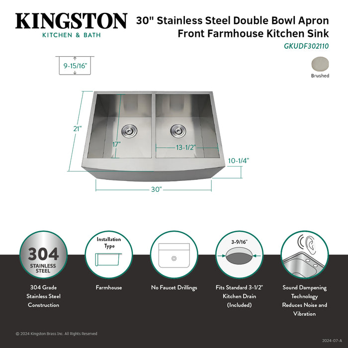 Kingston Sona GKUDF302110 - Uptowne 30-Inch Stainless Steel Apron-Front Double Bowl Farmhouse Kitchen Sink with Strainers x 2, Brushed