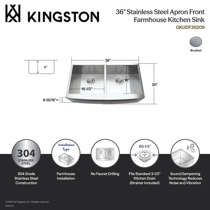 Kingston Sona GKUDF36209 - Uptowne 36-Inch Stainless Steel Apron-Front Double Bowl Farmhouse Kitchen Sink with Strainers x 2, Brushed Stainless Steel