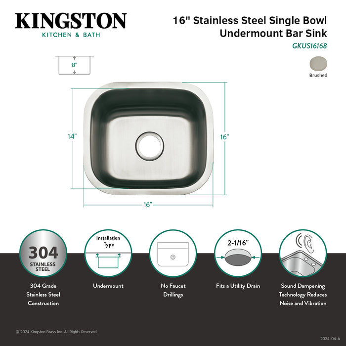 Kingston Loft GKUS16168 16-Inch Stainless Steel Single Bowl Undermount Bar Prep Sink, Brushed Stainless Steel