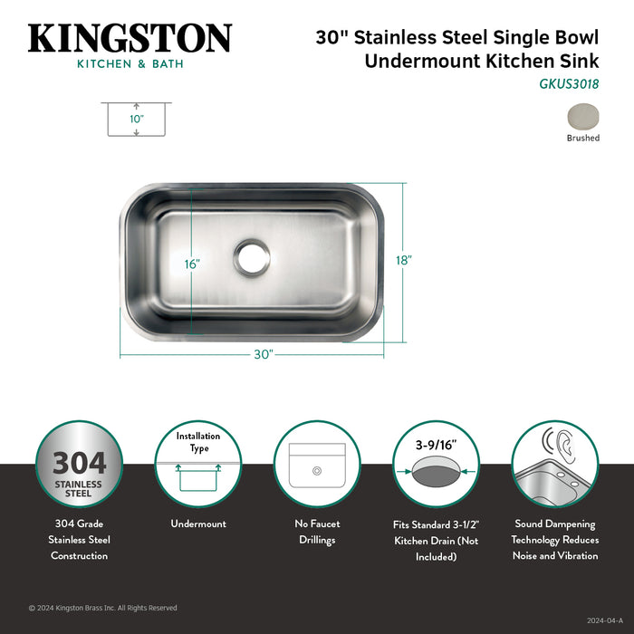 Kingston Loft GKUS3018 30-Inch Stainless Steel Single Bowl Undermount Kitchen Sink, Brushed Stainless Steel