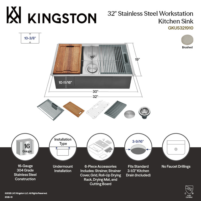Kingston Sona GKUS321910 - Uptowne 32-Inch Stainless Steel Single Bowl Undermount Kitchen Sink with 6-Piece Kitchen Accessory Set, Brushed