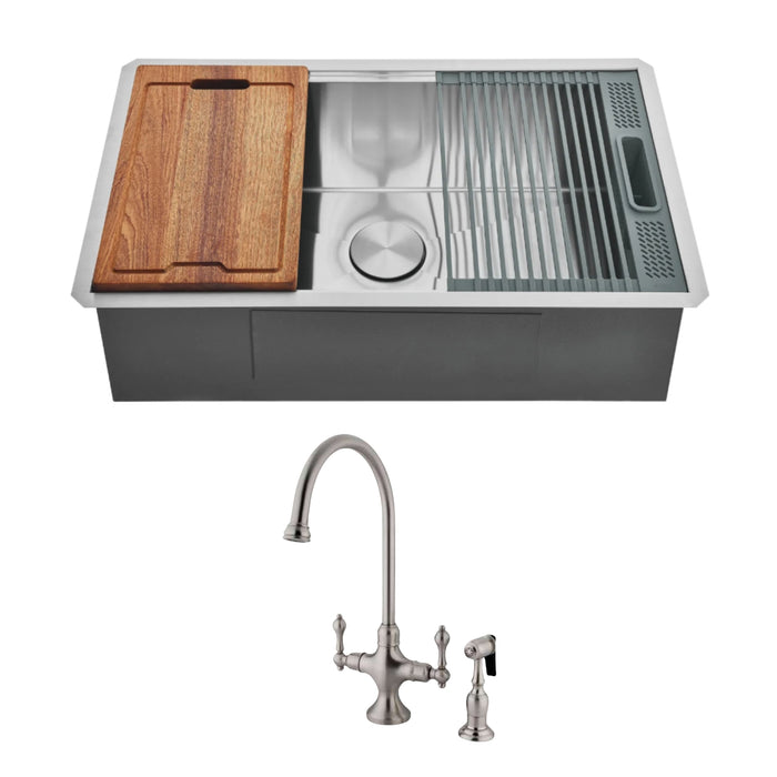 Uptowne 32-Inch Stainless Steel Single Bowl Undermount Kitchen Sink  with Vintage Kitchen Faucet with Sprayer and Basket Strainer, Brushed Nickel