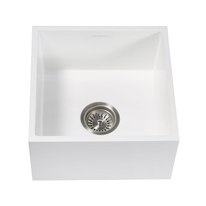 Kingston Sona GKUSA15158 - Arcticstone 15-Inch Solid Surface White Stone Apron-Front Single Bowl Farmhouse Bar Prep Sink with Strainer, Matte White