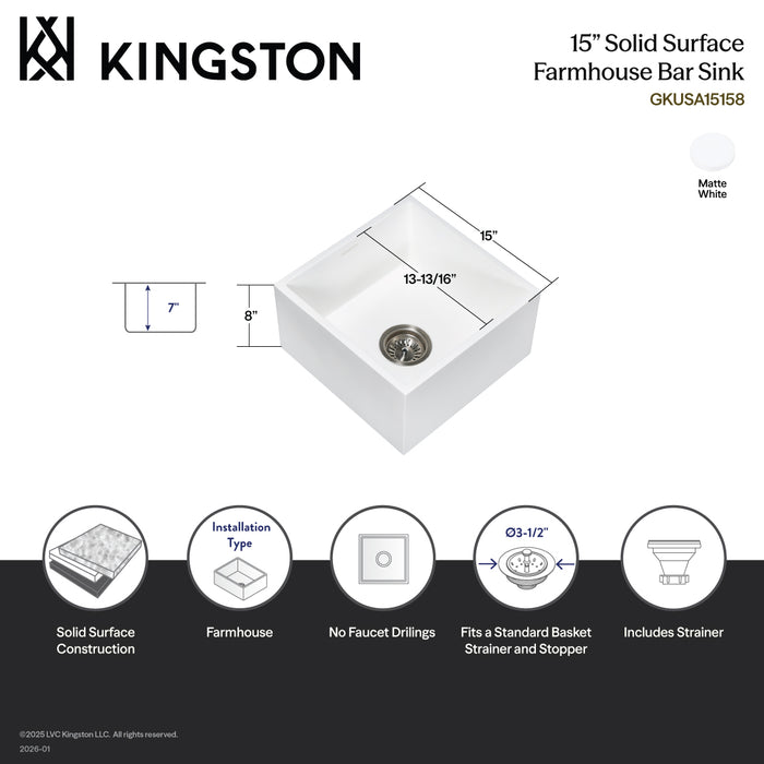 Kingston Sona GKUSA15158 - Arcticstone 15-Inch Solid Surface White Stone Apron-Front Single Bowl Farmhouse Bar Prep Sink with Strainer, Matte White
