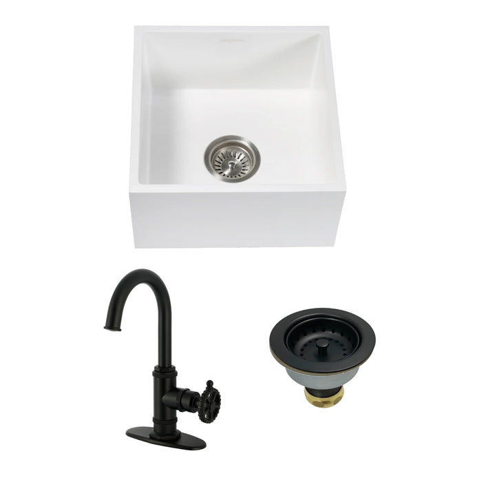 Arcticstone 15-Inch White Stone Undermount Single Bowl Farmhouse Bar Sink with Deck Mount Bar Faucet and Basket Strainer, Matte Black