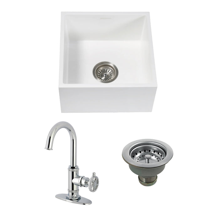 Arcticstone 15-Inch White Stone Undermount Single Bowl Farmhouse Bar Sink with Deck Mount Bar Faucet and Basket Strainer, Polished Chrome