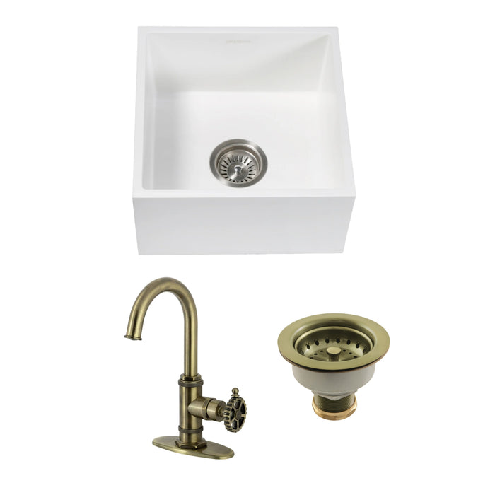 Arcticstone 15-Inch White Stone Undermount Single Bowl Farmhouse Bar Sink with Deck Mount Bar Faucet and Basket Strainer, Antique Brass