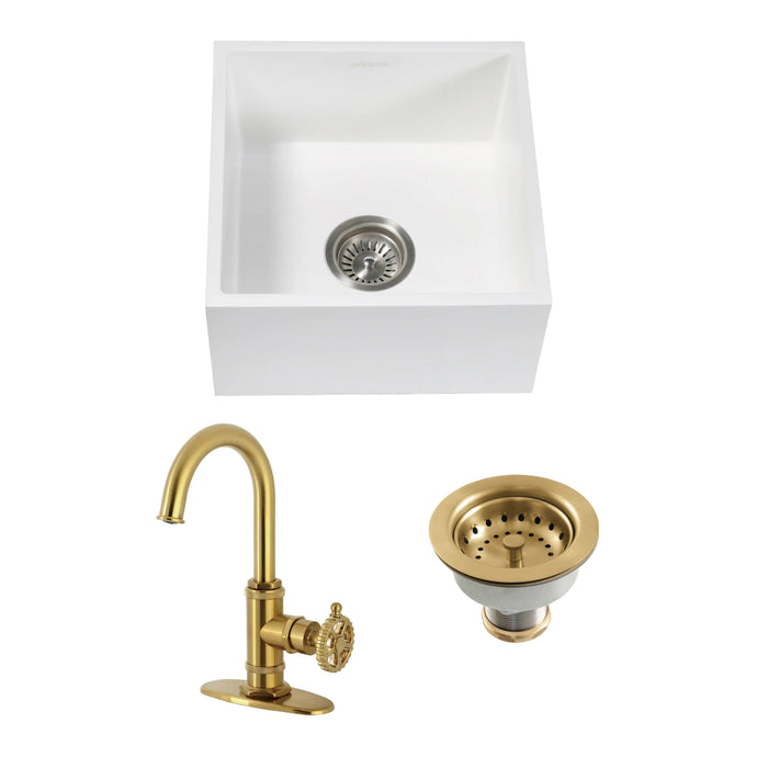 Arcticstone 15-Inch White Stone Undermount Single Bowl Farmhouse Bar Sink with Deck Mount Bar Faucet and Basket Strainer, Brushed Brass