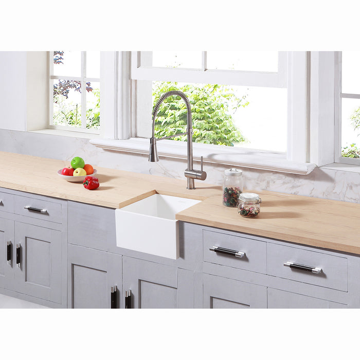 Kingston Sona GKUSA15158 - Arcticstone 15-Inch Solid Surface White Stone Apron-Front Single Bowl Farmhouse Bar Prep Sink with Strainer, Matte White