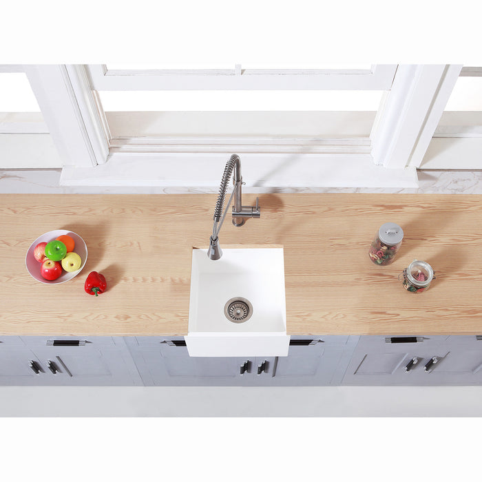 Kingston Sona GKUSA15158 - Arcticstone 15-Inch Solid Surface White Stone Apron-Front Single Bowl Farmhouse Bar Prep Sink with Strainer, Matte White