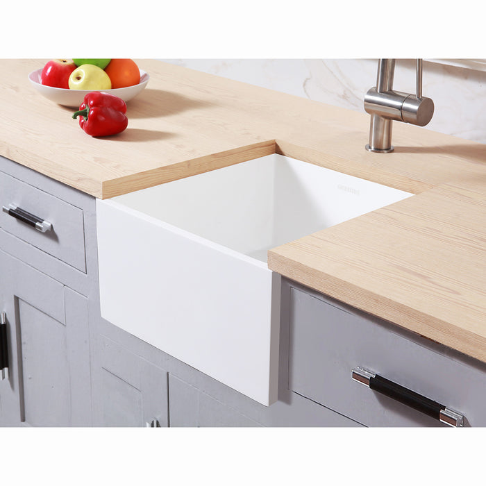 Kingston Sona GKUSA15158 - Arcticstone 15-Inch Solid Surface White Stone Apron-Front Single Bowl Farmhouse Bar Prep Sink with Strainer, Matte White