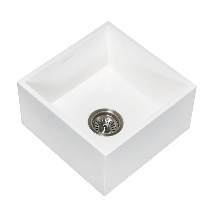 Kingston Sona GKUSA15158 - Arcticstone 15-Inch Solid Surface White Stone Apron-Front Single Bowl Farmhouse Bar Prep Sink with Strainer, Matte White