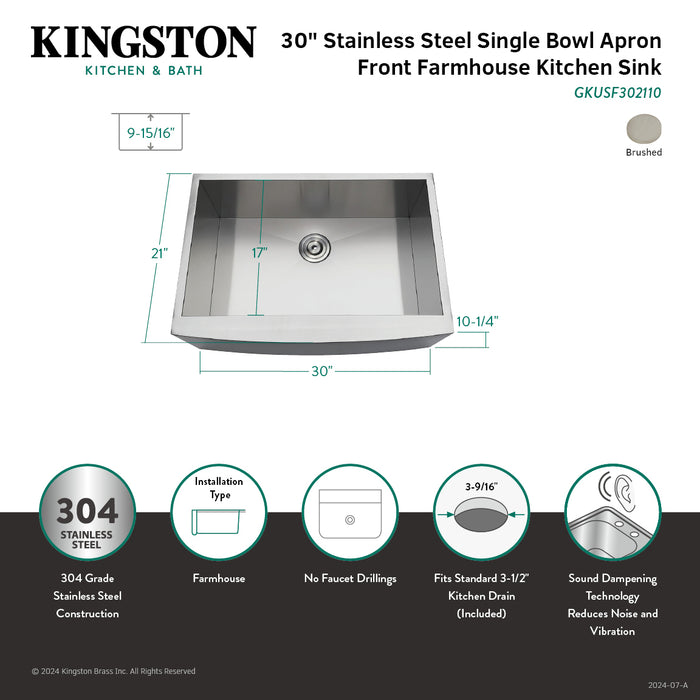 Uptowne GKUSF302110 30-Inch Stainless Steel Apron-Front Single Bowl Farmhouse Kitchen Sink with Strainer, Brushed
