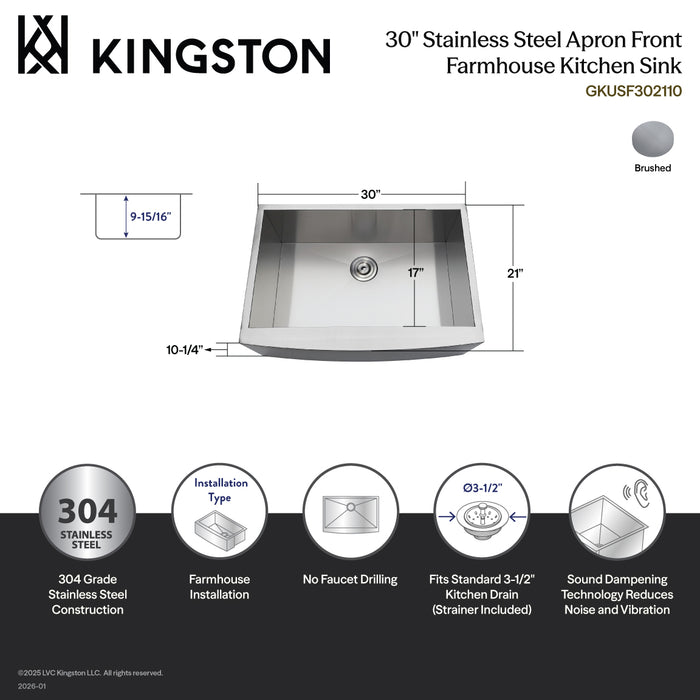 Kingston Sona GKUSF302110 - Uptowne 30-Inch Stainless Steel Apron-Front Single Bowl Farmhouse Kitchen Sink with Strainer, Brushed Stainless Steel