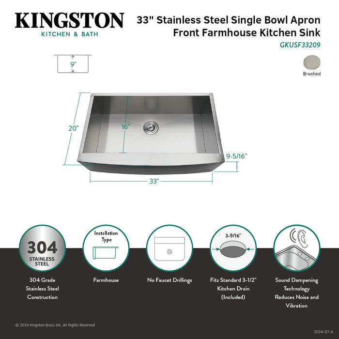 Kingston Sona GKUSF33209 - Uptowne 33-Inch Stainless Steel Apron-Front Single Bowl Farmhouse Kitchen Sink with Strainer, Brushed