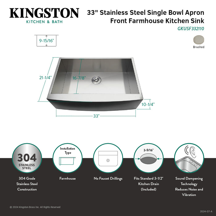 Kingston Sona GKUSF332110 - Uptowne 33-Inch Stainless Steel Apron-Front Single Bowl Farmhouse Kitchen Sink with Strainer, Brushed Stainless Steel