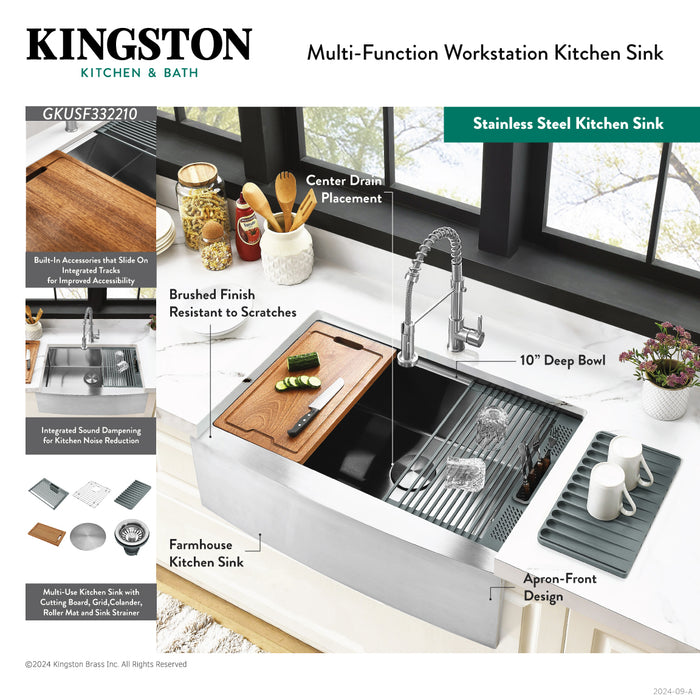 Kingston Sona GKUSF332210 - Uptowne 33-Inch Stainless Steel Apron-Front Single Bowl Farmhouse Kitchen Sink with 6-Piece Kitchen Accessory Set, Brushed