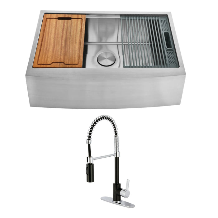 Uptowne 33-Inch Stainless Steel Single Bowl Farmhouse Kitchen Sink  with Deck Mount Pre-Rinse Kitchen Faucet and Basket Strainer, Matte Black/Polished Chrome