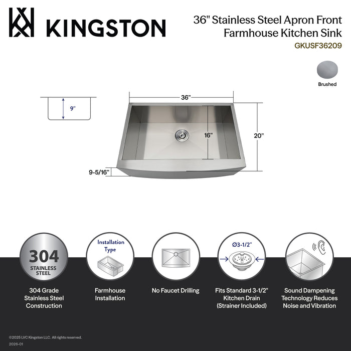 Kingston Sona GKUSF36209 - Uptowne 36-Inch Stainless Steel Apron-Front Single Bowl Farmhouse Kitchen Sink with Strainer, Brushed Stainless Steel