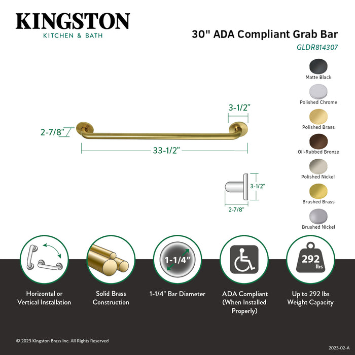 Kingston Sona GLDR814308 - Silver Sage 30-Inch x 1-1/4-Inch O.D. Brass ADA Grab Bar, Brushed Nickel