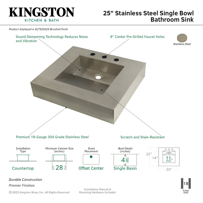 Kingston Commercial GLTS25225 25-Inch Stainless Steel Console Sink Top, Brushed