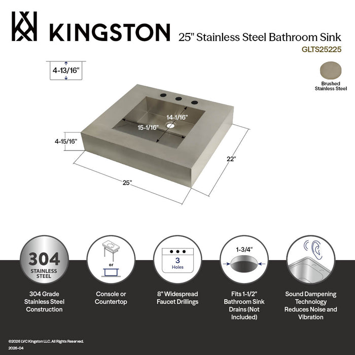 Kingston Sona GLTS25225 - Kingston Commercial 25-Inch Stainless Steel Console Sink (8-Inch, 3-Hole), Brushed Stainless Steel