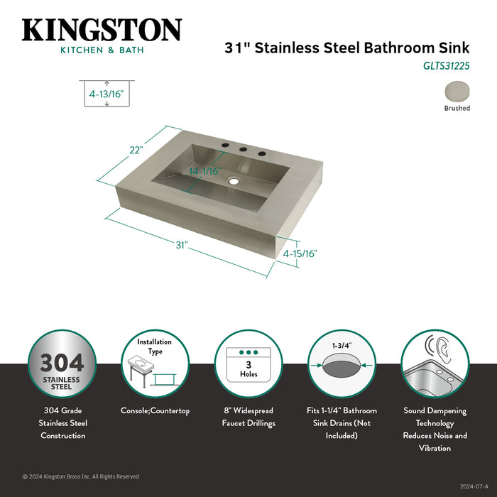 Kingston Commercial GLTS31225 31-Inch Stainless Steel Console Sink (8-Inch, 3-Hole), Brushed