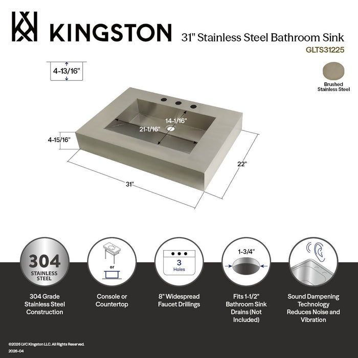 Kingston Sona GLTS31225 - Kingston Commercial 31-Inch Stainless Steel Console Sink (8-Inch, 3-Hole), Brushed Stainless Steel