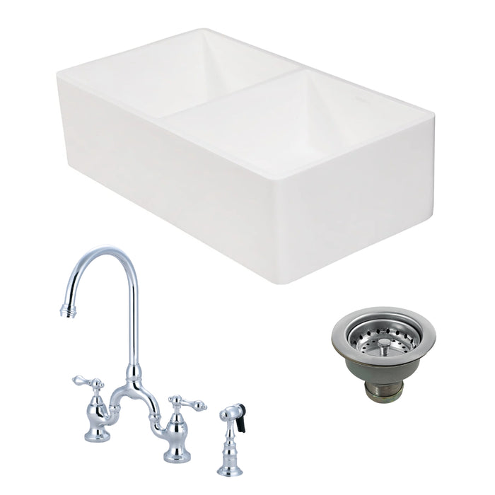 Arcticstone 33-Inch White Stone Double Bowl Farmhouse Kitchen Sink with Deck Mount Bridge Kitchen Faucet with Side Sprayer and Basket Strainer, Polished Chrome